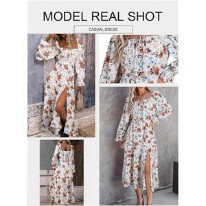 Floral Square Neck Puff Sleeve Maxi Dress with Ruffle Hem